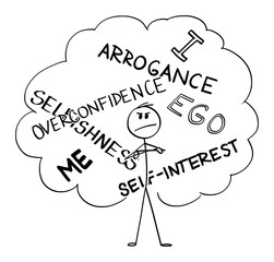 Vector cartoon stick figure drawing conceptual illustration of arrogant, self-interested, overconfident and selfish man or businessman.