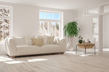 White living room with sofa. Scandinavian interior design. 3D illustration