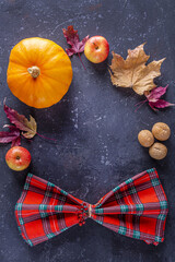 Autumn harvest festival and thanksgiving day table setting. Frame from fallen leaves, pumpkin, nuts and checkered napkin. Thanksgiving rustic still life, mock up.