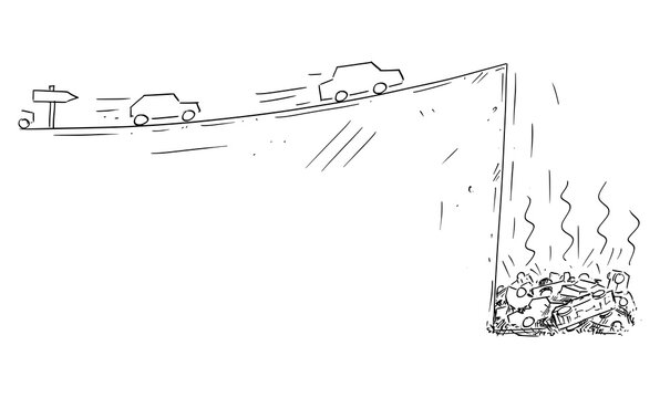 Vector Cartoon Drawing Conceptual Illustration Of Cars Moving Fast Following The Road Sign But Falling Down Off Cliff. Concept Of Dead End Technology, Ecology, Planning, Strategy Or Obstacles In Way.