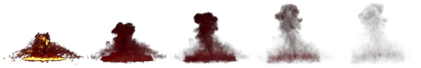 many images of huge bomb blast mushroom cloud with fire and smoke isolated on white background - 3D illustration of objects