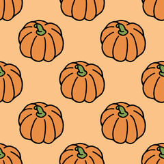 Seamless pattern with big pumpkin on light orange background. Vector image.