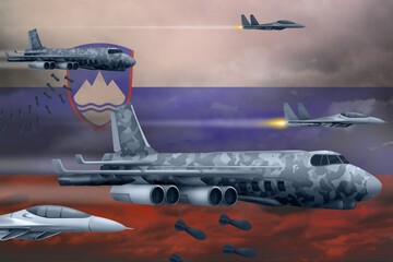Slovenia air forces bombing strike concept. Slovenia army air planes drop bombs on flag background. 3d Illustration
