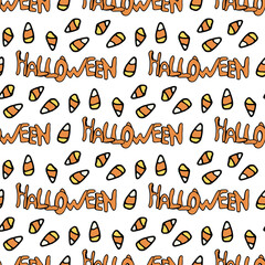 Seamless pattern with halloween candies and text on white background. Vector image.