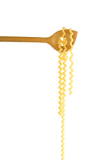 italian fusilli spaghetti pasta hanging on a wooden spoon, isolated on white