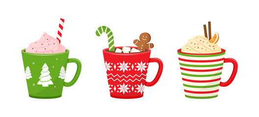 Christmas vector cups with drinks. Holiday mugs with hot chocolate, cocoa or coffee, and cream. Candy cane, cinnamon sticks, marshmallows. Winter illustration