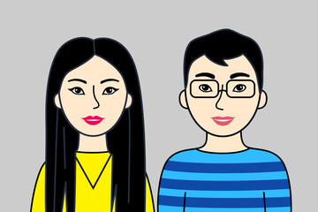 Asian man and woman, two Chinese, Japanese or Korean young  adults, cartoon simple portrait. Pair of friendly nice people. Vector flat design, easy to edit.