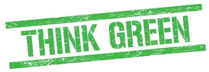 THINK GREEN text on green grungy rectangle stamp.