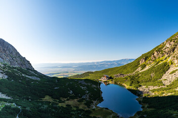 Velicke pleso lake with Sliezsky hotel on Velicka dolina valley in Vysoke Tatry mountains in Slovakia © honza28683