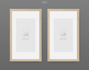 Wooden photo frame or picture frame on gray background. For interior design and decoration. Vector.