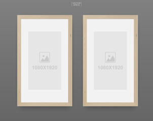 Wooden photo frame or picture frame on gray background. For interior design and decoration. Vector.