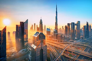 Papier Peint photo autocollant Dubai Centre-ville de Dubaï, incroyable horizon du centre-ville avec gratte-ciel de luxe, Émirats arabes unis