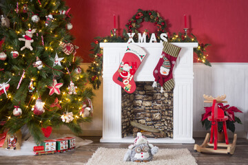 Christmas decoration with tree and fireplace