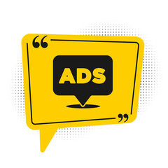 Black Advertising icon isolated on white background. Concept of marketing and promotion process. Responsive ads. Social media advertising. Yellow speech bubble symbol. Vector.