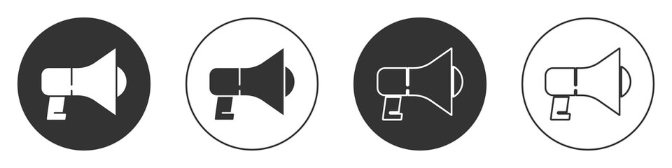 Black Megaphone icon isolated on white background. Speaker sign. Circle button. Vector.
