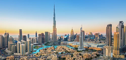 Peel and stick wall murals Skyline Dubai downtown, amazing city center skyline with luxury skyscrapers, United Arab Emirates