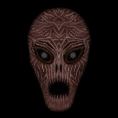 Red patterned alien head or skull  with open mouth on a black background, digital painting, concept for suspense and horror.