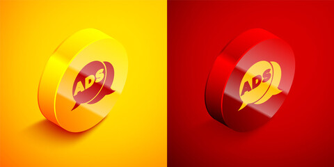 Isometric Advertising icon isolated on orange and red background. Concept of marketing and promotion process. Responsive ads. Social media advertising. Circle button. Vector.