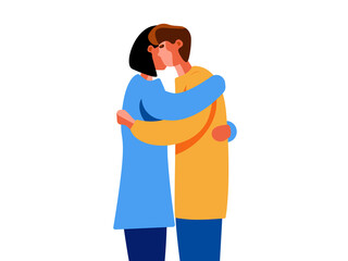 Couple hugging illustration. Female and male face to face. Friend give emotional support to his loved one.