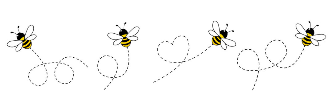 Cartoon bee icon set. Bee flying on a dotted route isolated on the white background. Vector illustration.