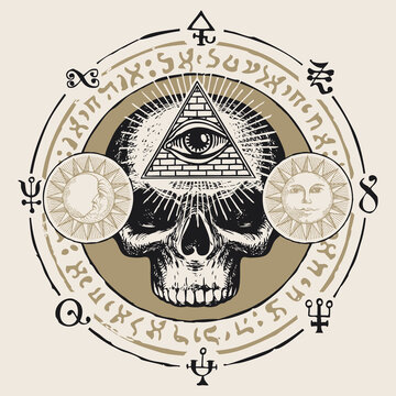 Illustration with a human skull and an all-seeing eye. Hand-drawn vector banner with Sun, Moon and cryptic signs written in a circle in retro style