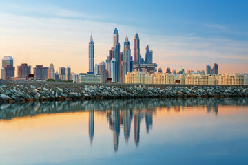 Fototapeta na wymiar Modern and Luxury Dubai Marina - famous Dubai Marinah at sunrise, United Arab Emirates