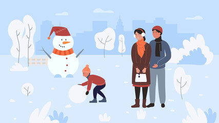Family winter outdoor activity vector illustration. Cartoon flat active child son playing, making funny Xmas snowman, spending fun time with parents in snow nature of city park wintertime background