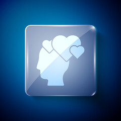White Human head with heart icon isolated on blue background. Love concept with human head. Square glass panels. Vector.