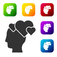 Black Human head with heart icon isolated on white background. Love concept with human head. Set icons in color square buttons. Vector.