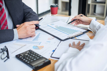 Partner meeting of business team colleagues consultation and discussion marketing plan meeting concept on financial report and analyzing investment project to development grow to success