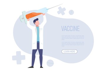 Vaccine complete development web illustartions. Doctor hold in hands gian syringe. End of guarantine concept. Flat style vector illustraton isolated on white background.