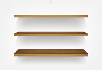 Empty wooden shelf on white background with soft shadow. Vector.