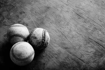 group of old baseball balls in black and white.