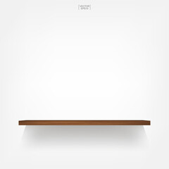 Empty wooden shelf on white background with soft shadow. Vector.
