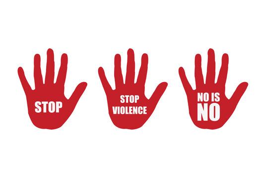 Manos rojas en contra de la violencia en fondo blanco.