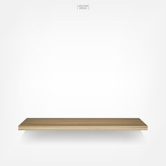 Empty wooden shelf on white background with soft shadow. Vector.