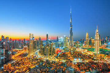 Dubai downtown, amazing city center skyline with luxury skyscrapers, United Arab Emirates