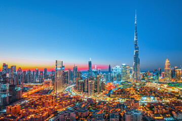 Dubai downtown, amazing city center skyline with luxury skyscrapers, United Arab Emirates