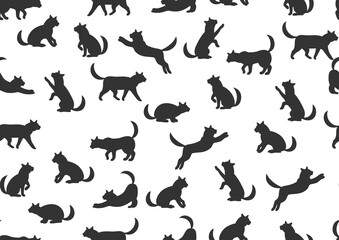 Seamless pattern with stylized cats in various poses.