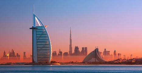 Papier Peint photo Dubai Dubai city - amazing city center skyline and famous Jumeirah beach at sunset, United Arab Emirates 