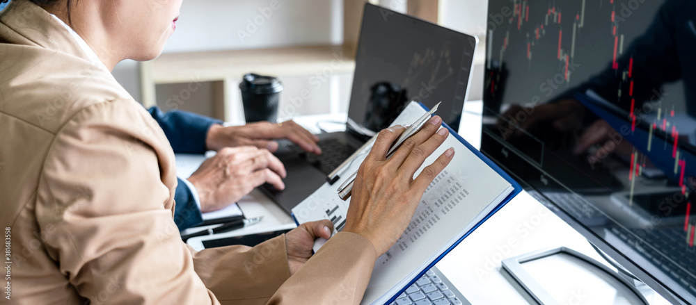 Poster business team investment working with computer, planning and analyzing graph stock market trading wi