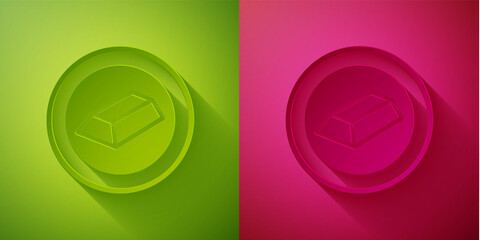 Paper cut Gold bars icon isolated on green and pink background. Banking business concept. Paper art style. Vector.