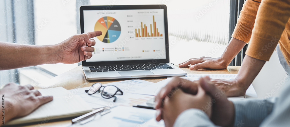 Fototapete Business team collaboration discussing working analyzing with financial data and marketing growth report graph in team, presentation and brainstorming to strategy planning making profit of company
