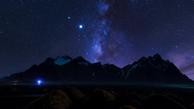 Time lapse of Milky Way Galaxy at Vestrahorn mountains in Iceland.