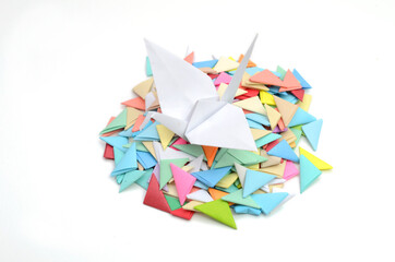 A white origami crane, top view