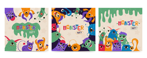 Set cute kids poster with monsters in cartoon style. Party invitation template with funny characters. Greeting card for a holiday, birthday. Vector illustration