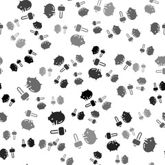 Black Piggy bank and hammer icon isolated seamless pattern on white background. Icon saving or accumulation of money, investment. Vector.