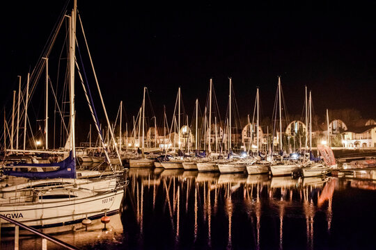 Harbor with sailboats at night in the Czech Republic