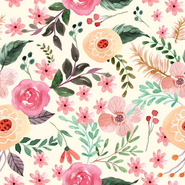 Cute Pink Rose and Orange Floral Watercolor Seamless Pattern