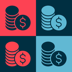 Pop art Coin money with dollar symbol icon isolated on color background. Banking currency sign. Cash symbol. Vector.